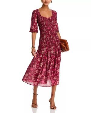 Sea New York Famke Floral Heart Neck Smocked Midi Dress Magenta Size 0